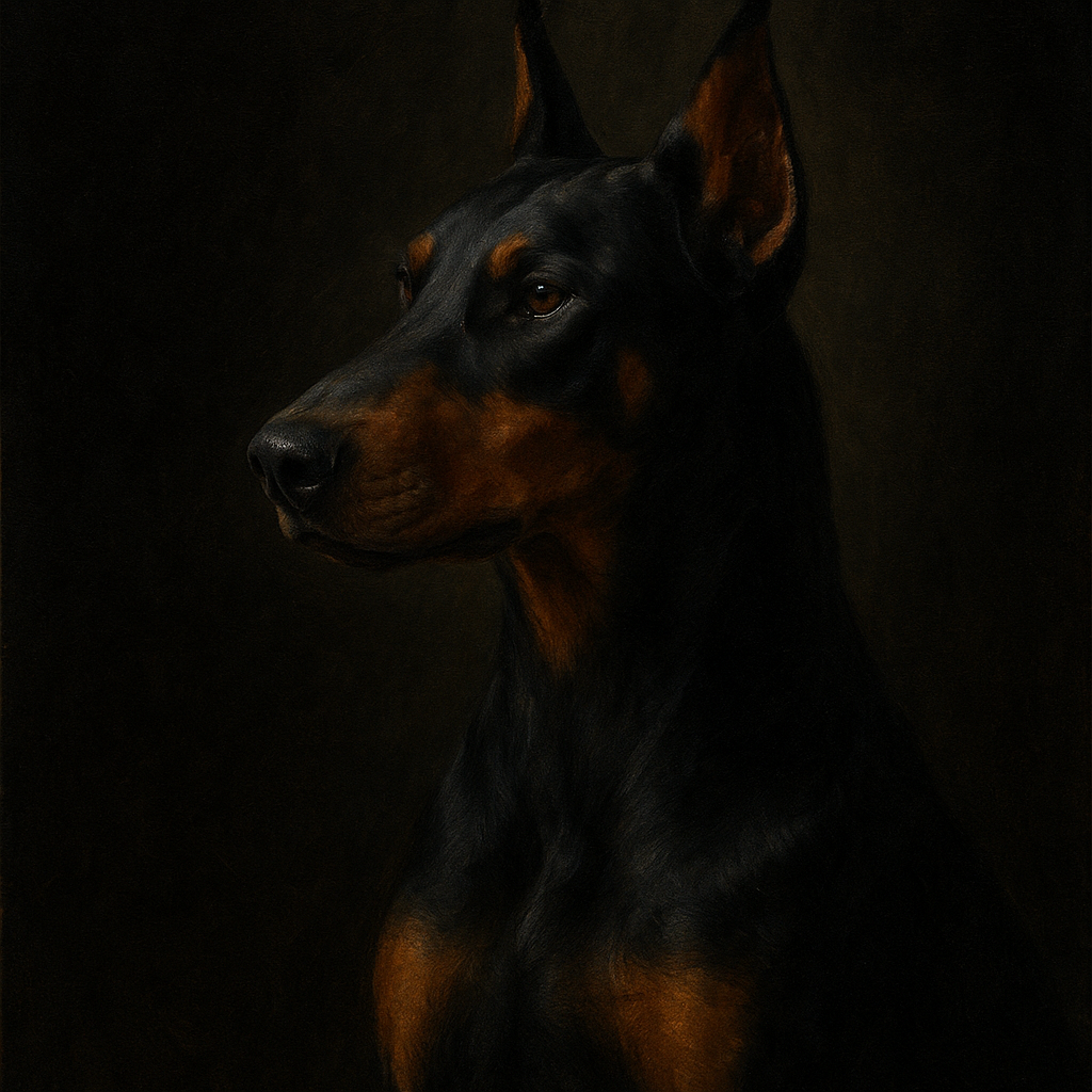 Alert Doberman Pinscher in Shadow & Light No. 14 Fine Art Oil Painting - View 1