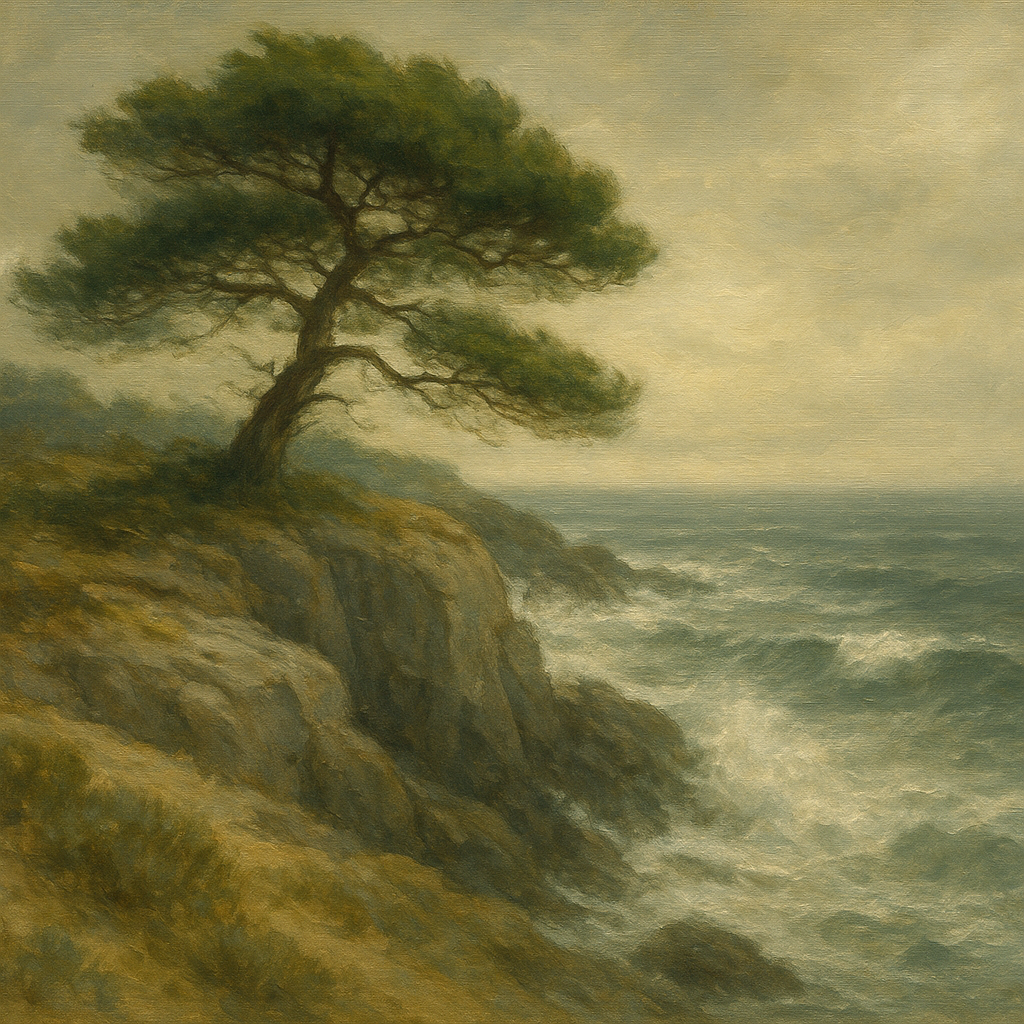 Wild Coastal Pine on Stormy Granite Cliff Oil Painting - View 1