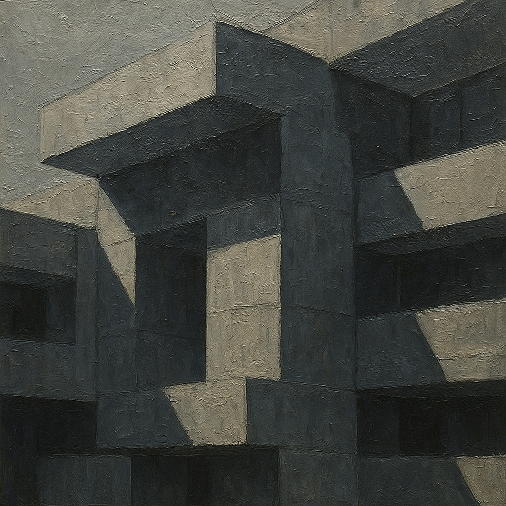 Brutalist Shadow Facade Geometric Oil Painting - View 1