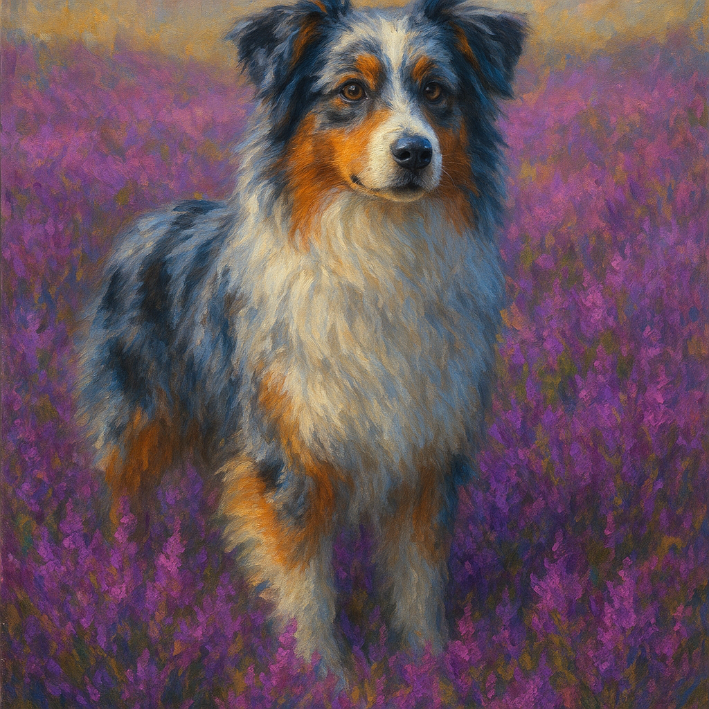Australian Shepherd in Blooming Heather Field No. 10 Fine Art Oil Painting - View 1