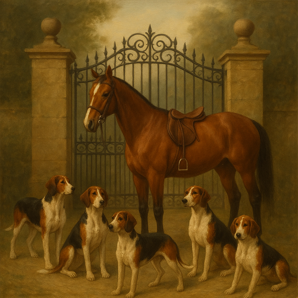 Hunting Hounds & Thoroughbred by Estate Gate No. 17 Oil Painting 100% Hand Painted Oil on Belgian Linen Canvas, Original Fine Art Wall Decor