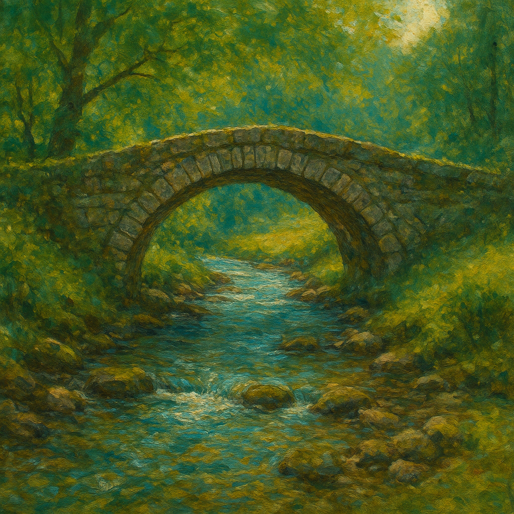 Old Stone Bridge over Bubbling Country Stream No. 2 Fine Art Oil Painting - View 1