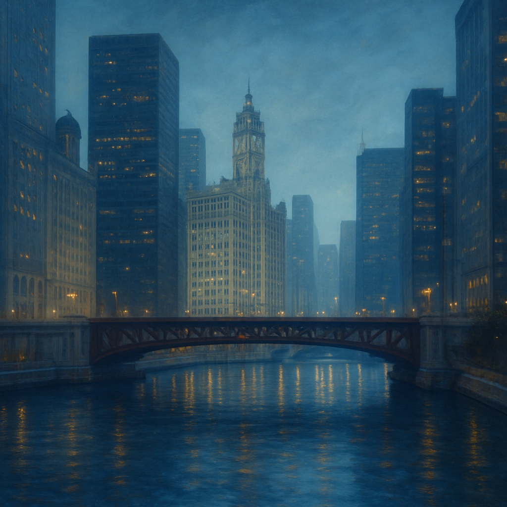 Chicago Riverfront Architecture at Blue Hour No. 4 Oil Painting - View 1