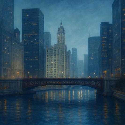 Chicago Riverfront Architecture at Blue Hour No. 4 Oil Painting 100% Hand Painted Oil on Belgian Linen Canvas, Original Fine Art Wall Decor
