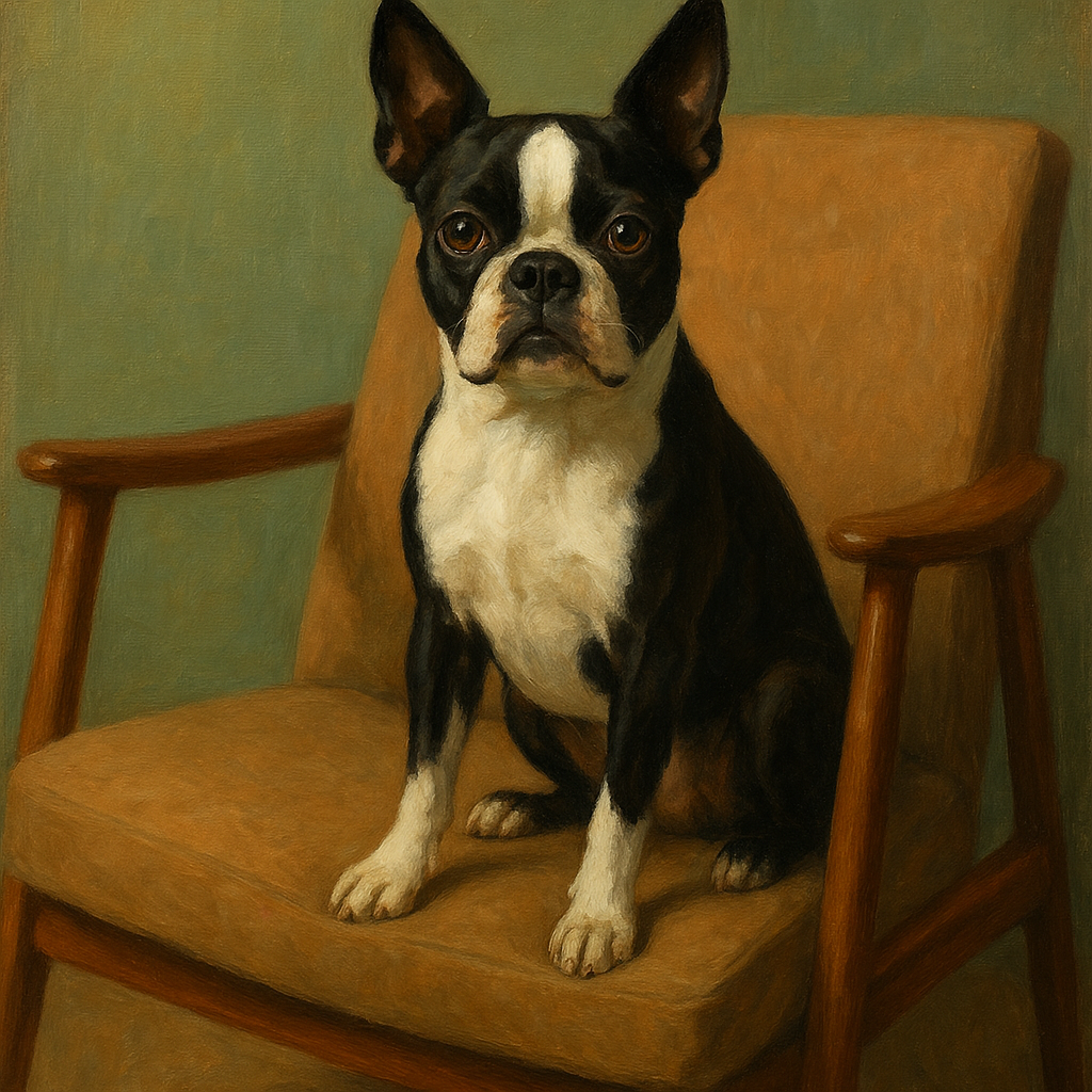 Boston Terrier in Warm Mid-Century Armchair Fine Art Oil Painting - View 1