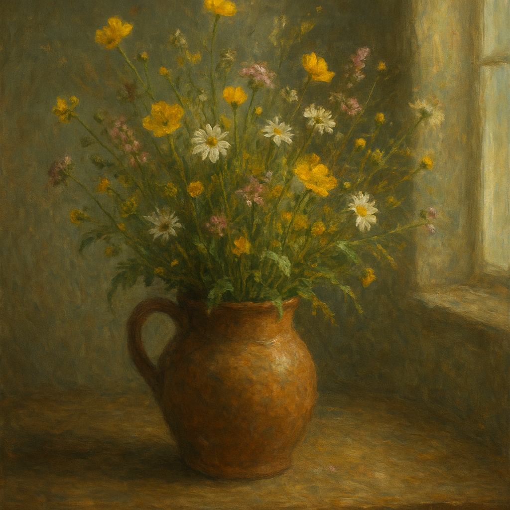 Vintage Meadow Wildflowers in Earthenware Jar No. 9 Fine Art Oil Painting - View 1