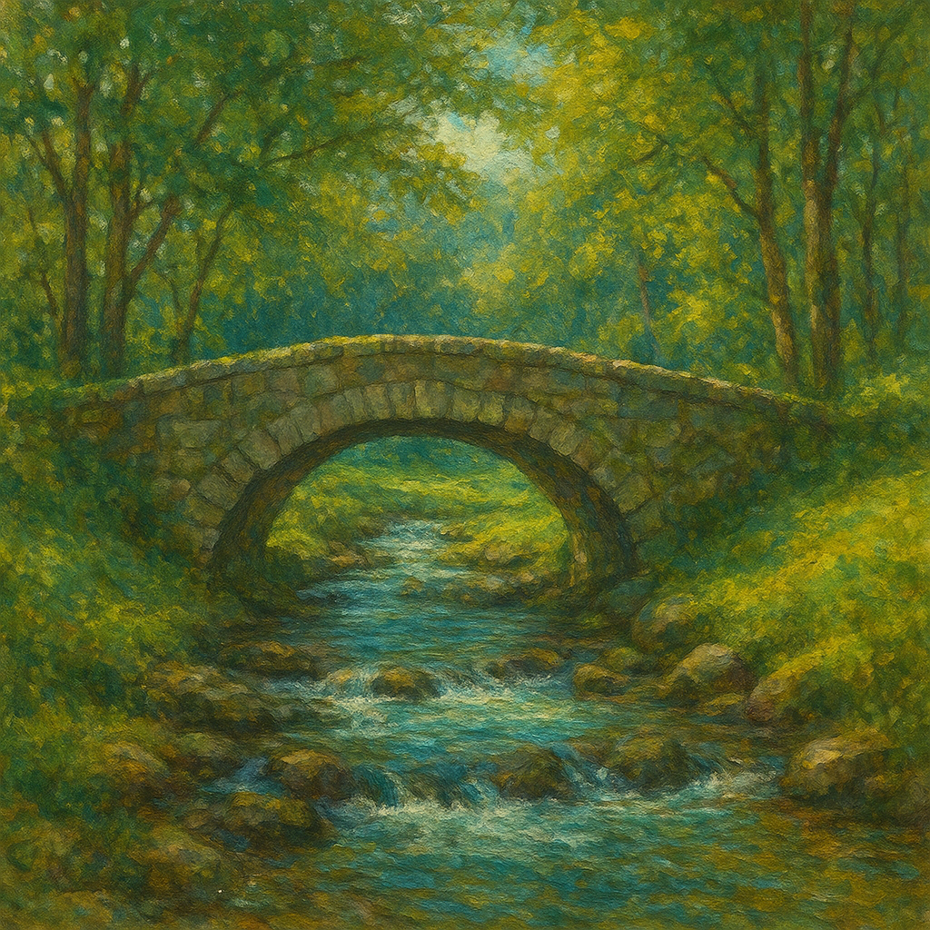 Old Stone Bridge over Bubbling Country Stream No. 3 Fine Art Oil Painting - View 1