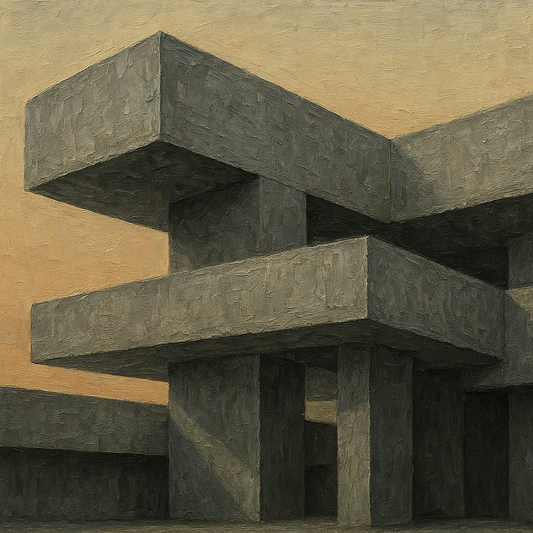Brutalist Concrete Cantilever Architectural Oil Painting - 100% Hand-Painted Master Oil Painting