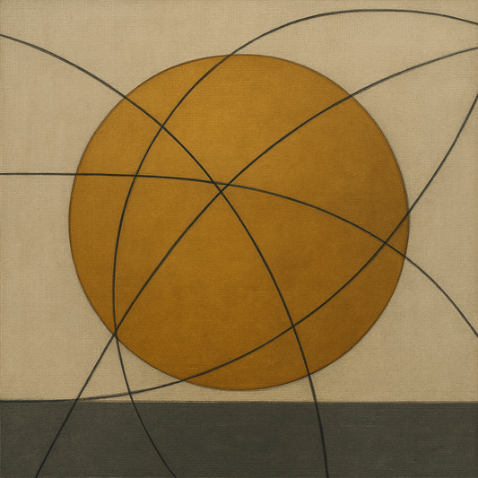 Abstract Tangent Lines & Earthy Ochre Disc No. 12 Oil Painting 100% Hand Painted Oil on Belgian Linen Canvas, Original Fine Art Wall Decor