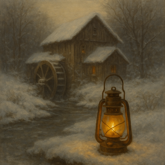 Snowy Mill Stream & Glowing Lantern No. 6 Oil Painting 100% Hand Painted Oil on Belgian Linen Canvas, Original Fine Art Wall Decor