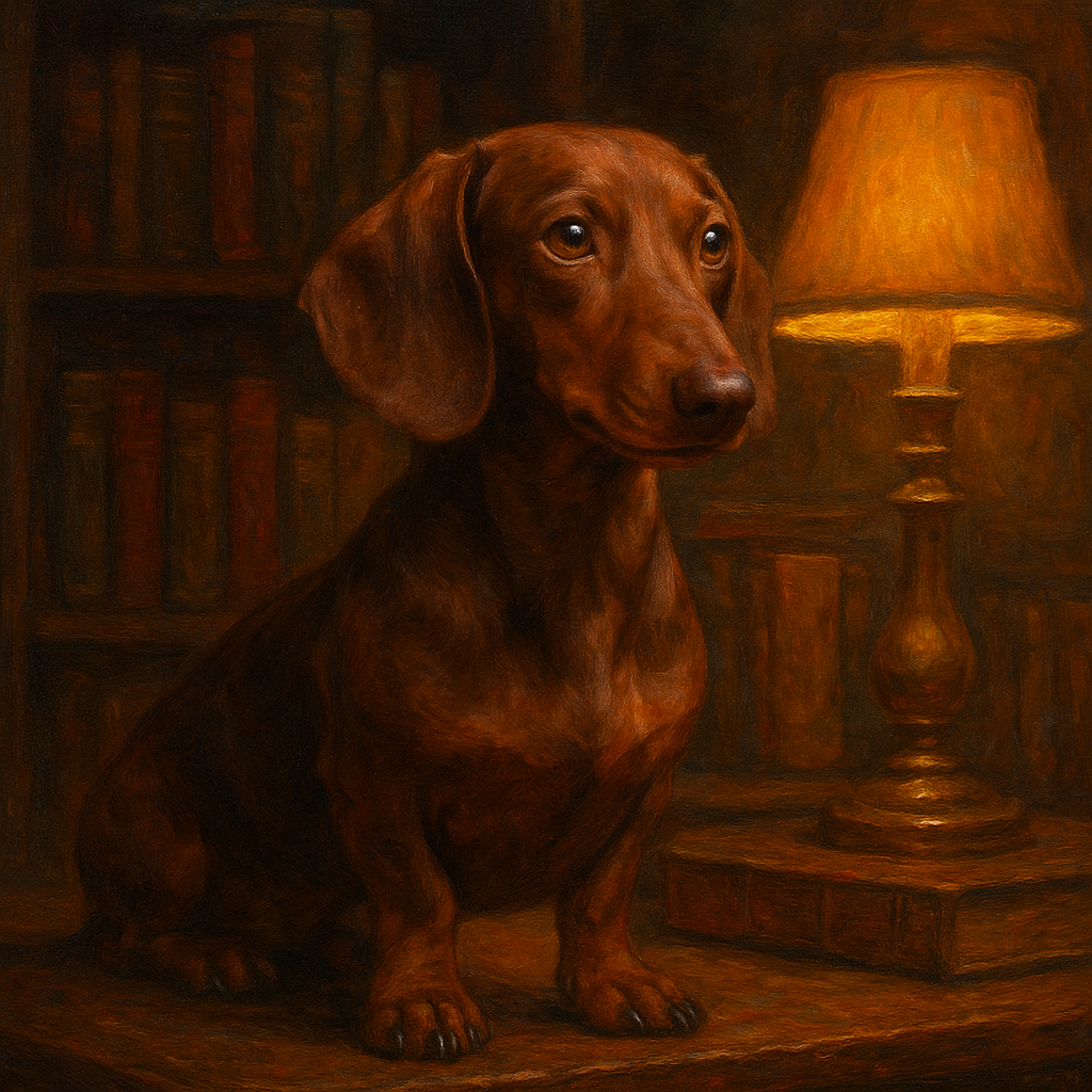 Smooth Dachshund in Moody Library Study No. 15 Fine Art Oil Painting - View 1