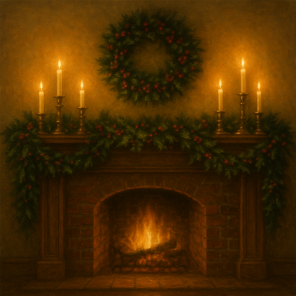 Vintage Fireside Hearth & Cedar Garlands No. 4 Oil Painting - View 1