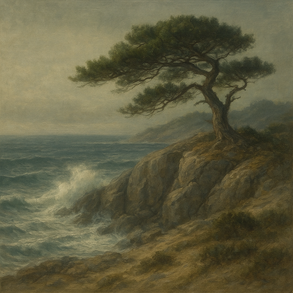Wild Coastal Pine on Stormy Granite Cliff No. 12 Oil Painting - View 1