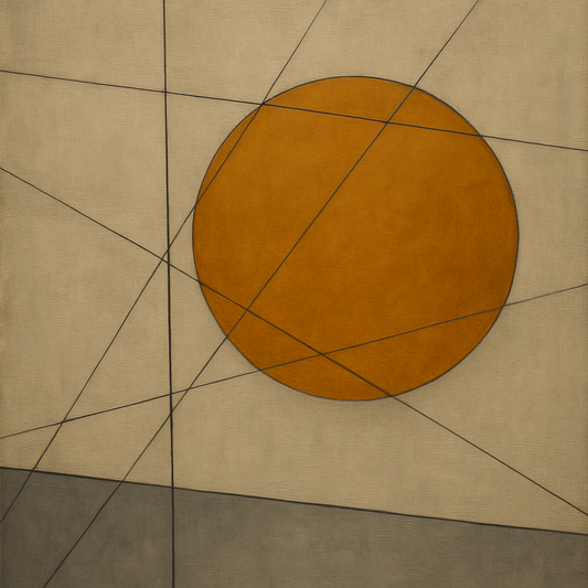 Abstract Tangent Lines & Earthy Ochre Disc No. 8 Oil Painting - View 1