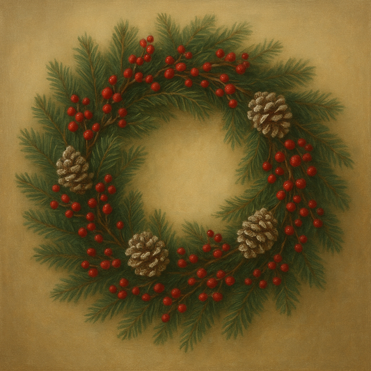 Vintage Holiday Botanical Wreath & Berries No. 4 Oil Painting 100% Hand Painted Oil on Belgian Linen Canvas, Original Fine Art Wall Decor
