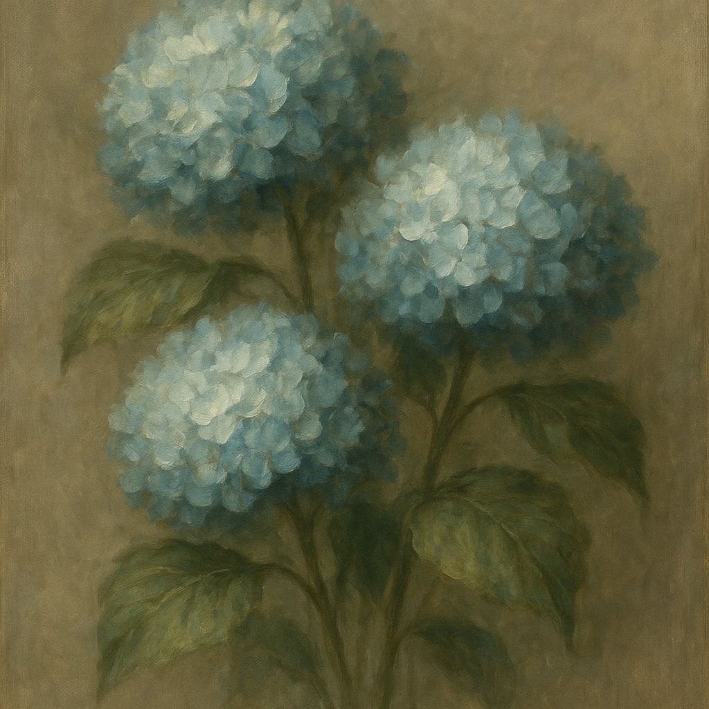 Hydrangea Trio in Dusty Blue & Antiqued Sage No. 12 Fine Art Oil Painting - View 1