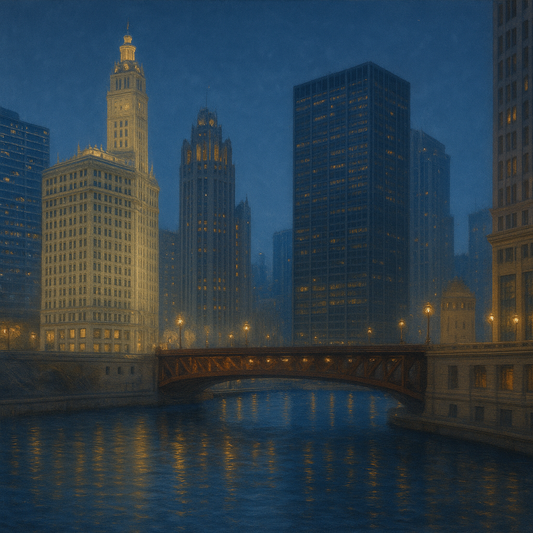 Chicago Riverfront Architecture at Blue Hour No. 27 Oil Painting 100% Hand Painted Oil on Belgian Linen Canvas, Original Fine Art Wall Decor