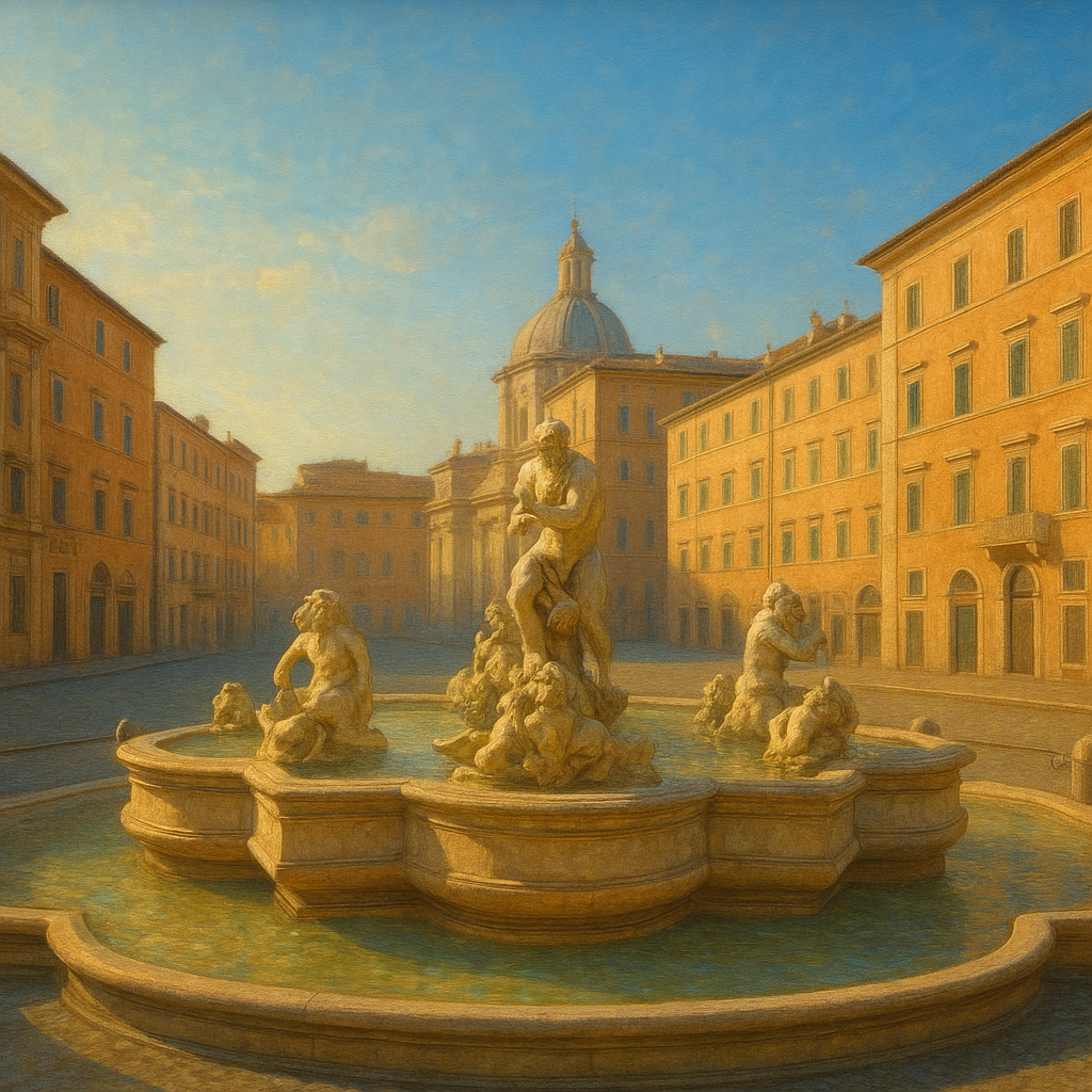 Rome Piazza Fountain in Morning Sunlight No. 10 Oil Painting - View 1