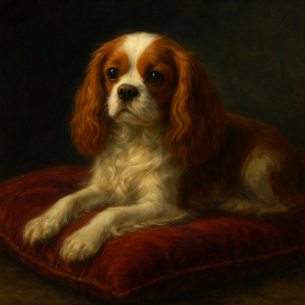 Cavalier King Charles Spaniel on Velvet Cushion No. 9 Fine Art Oil Painting - View 1