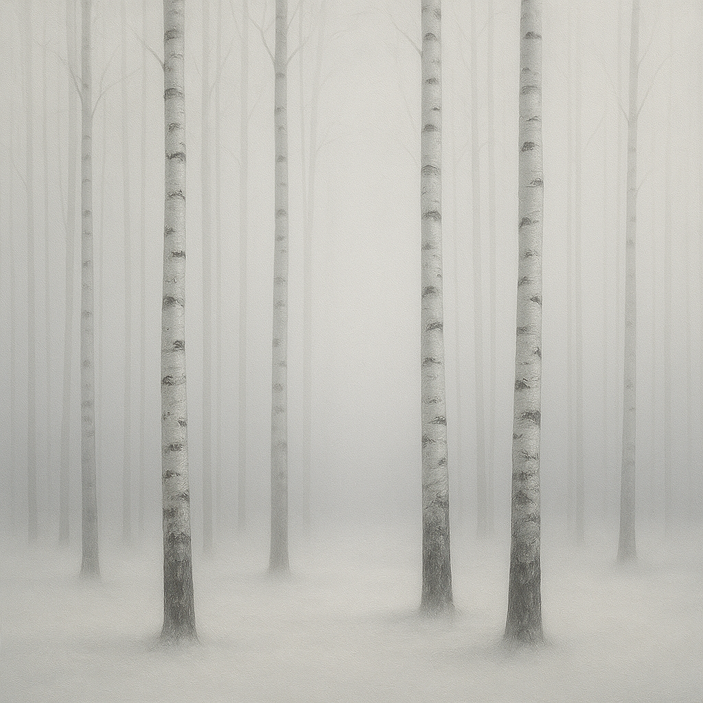Pale Birch Woodland Silhouette in Whiteout No. 22 Oil Painting - View 1