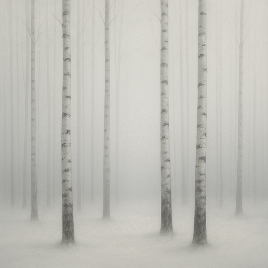 Pale Birch Woodland Silhouette in Whiteout No. 22 Oil Painting - View 1