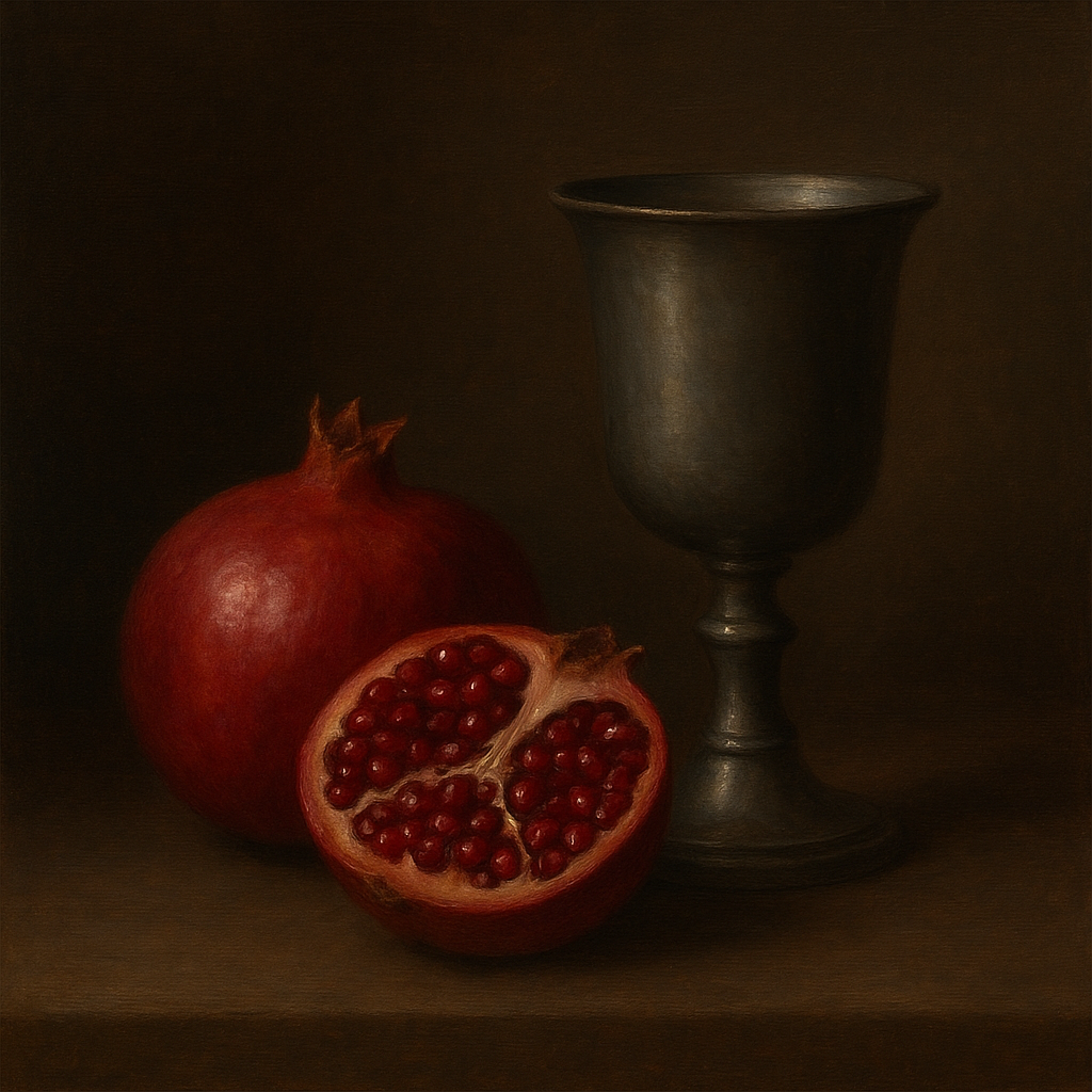 Pomegranate & Vintage Pewter Goblet No. 4 Oil Painting - View 1