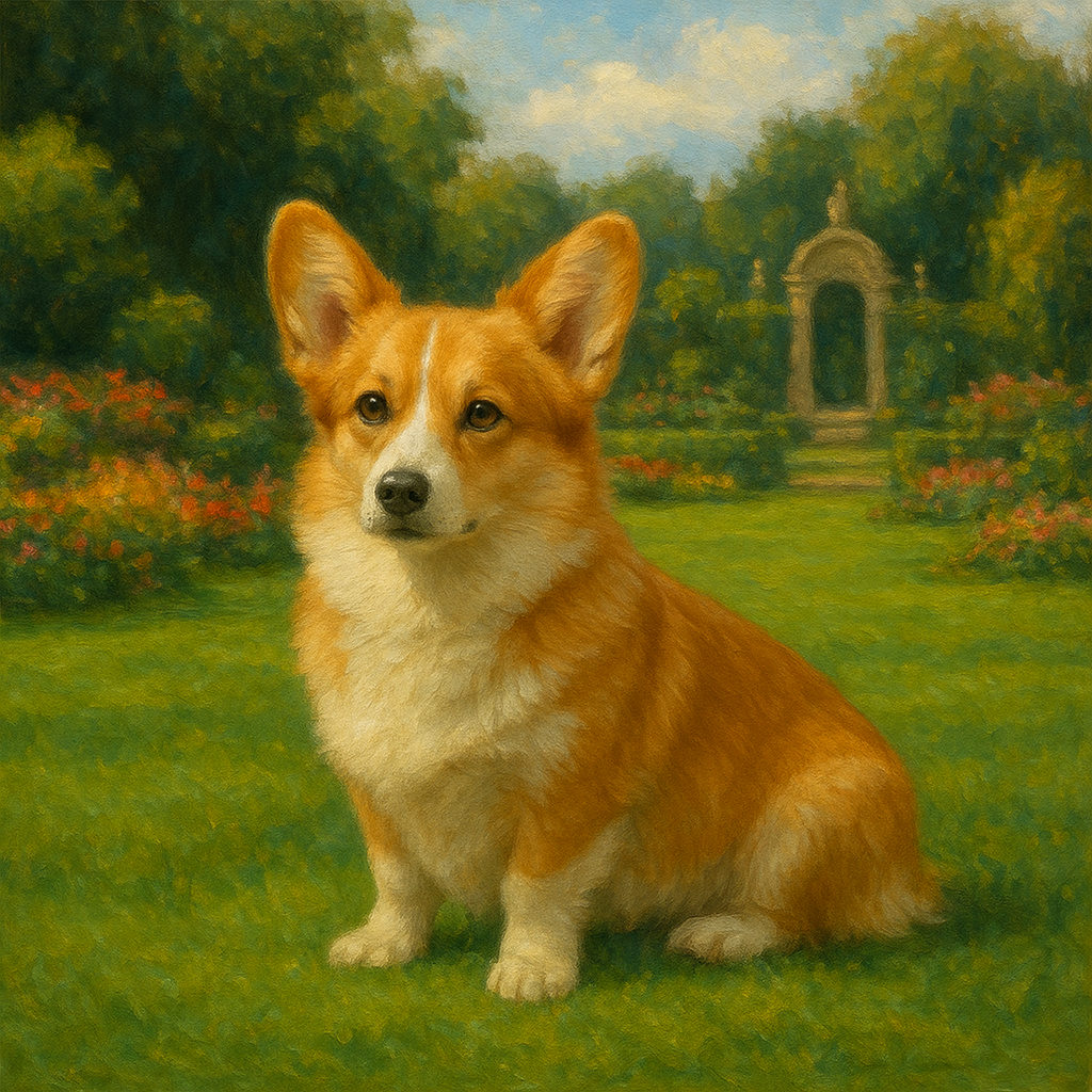 Pembroke Welsh Corgi in Royal English Garden No. 2 Fine Art Oil Painting - View 1