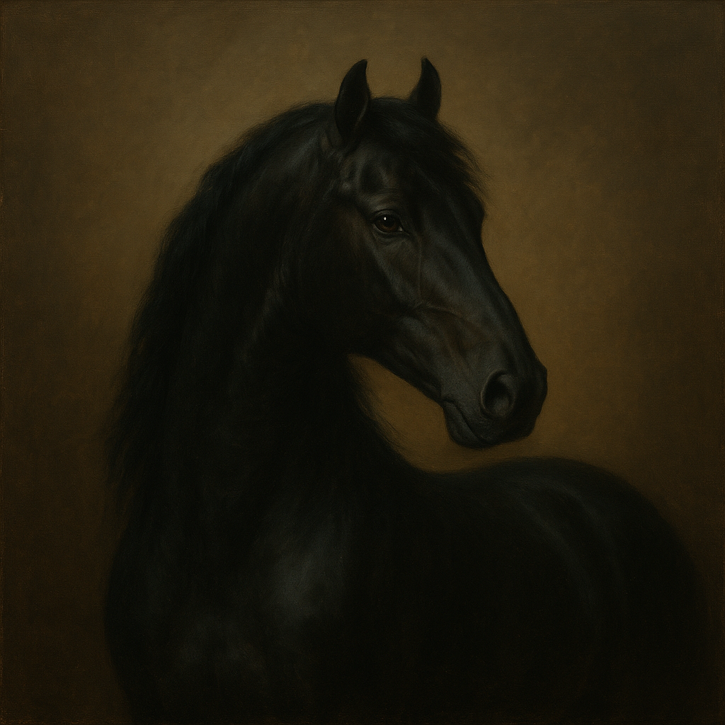 Dark Stallion Portrait in Classical Sfumato No. 10 Oil Painting 100% Hand Painted Oil on Belgian Linen Canvas, Original Fine Art Wall Decor