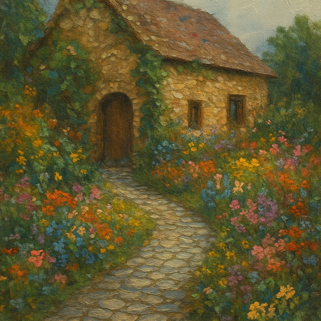 Rustic Stone Cottage Path with Wild Garden Blooms No. 9 Fine Art Oil Painting - View 1
