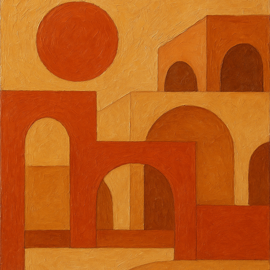 Mid-Century Terracotta Sun & Arches No. 3 Oil Painting - 100% Hand-Painted Master Oil Painting