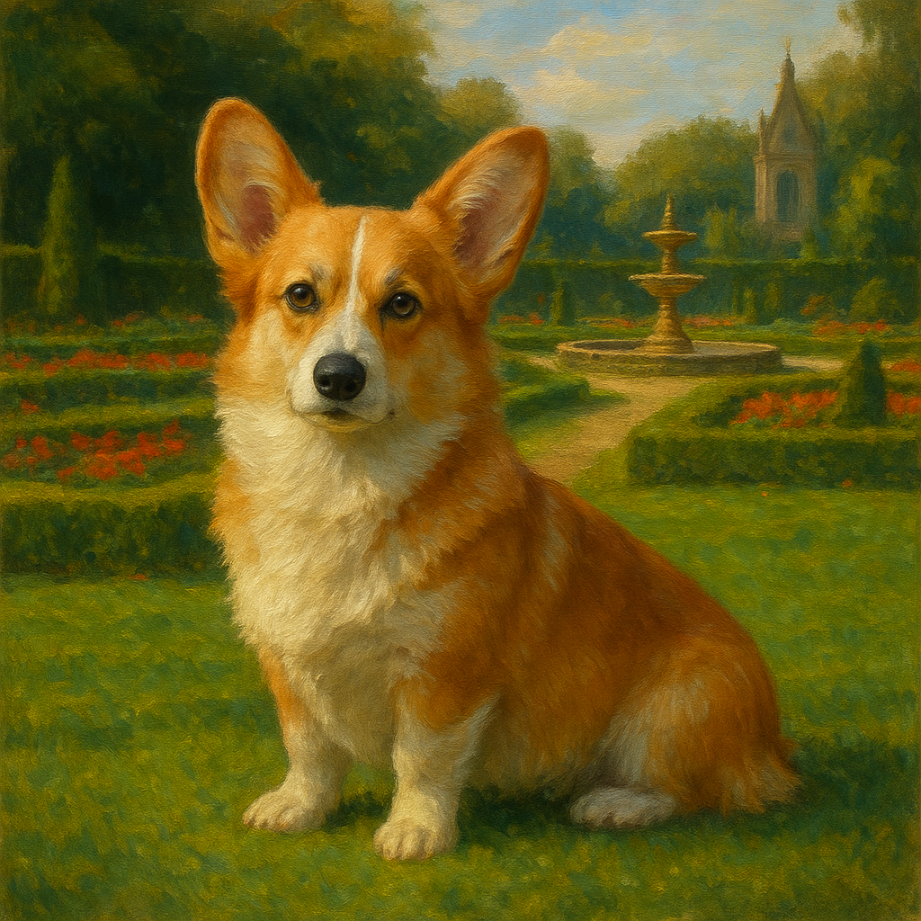 Pembroke Welsh Corgi in Royal English Garden Fine Art Oil Painting - View 1