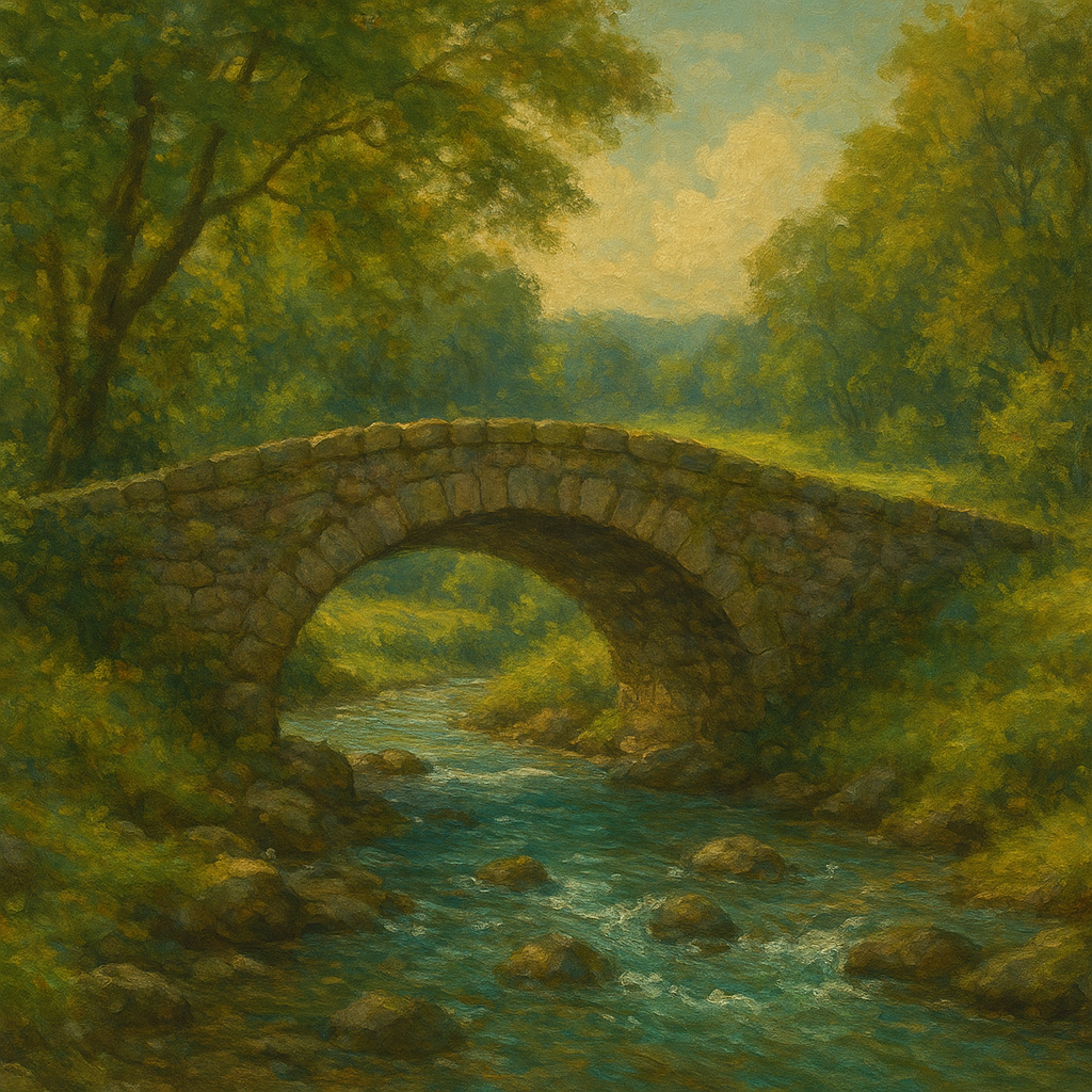 Old Stone Bridge over Bubbling Country Stream Fine Art Oil Painting - View 1