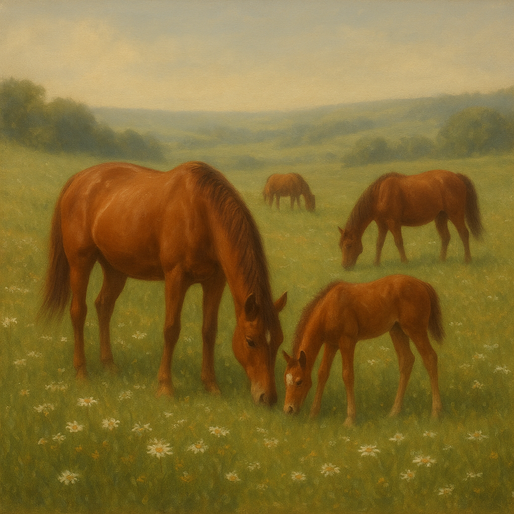 Mares & Foals Grazing in Rolling Meadow No. 11 Oil Painting - View 1