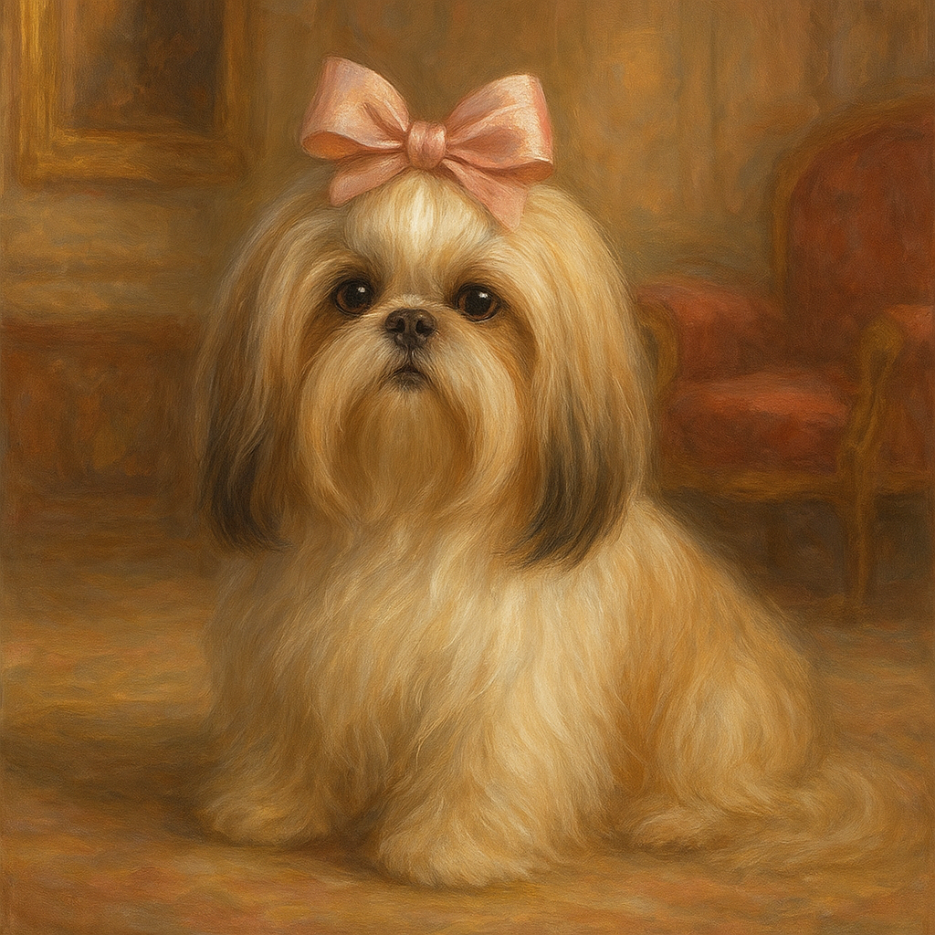 Sweet Shih Tzu with Silk Bow in Parlor Fine Art Oil Painting - View 1