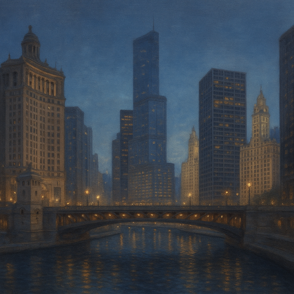 Chicago Riverfront Architecture at Blue Hour No. 15 Oil Painting - View 1