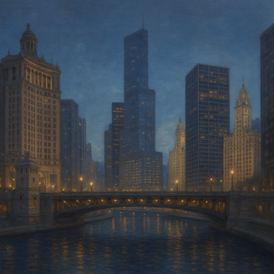 Chicago Riverfront Architecture at Blue Hour No. 15 Oil Painting - View 1