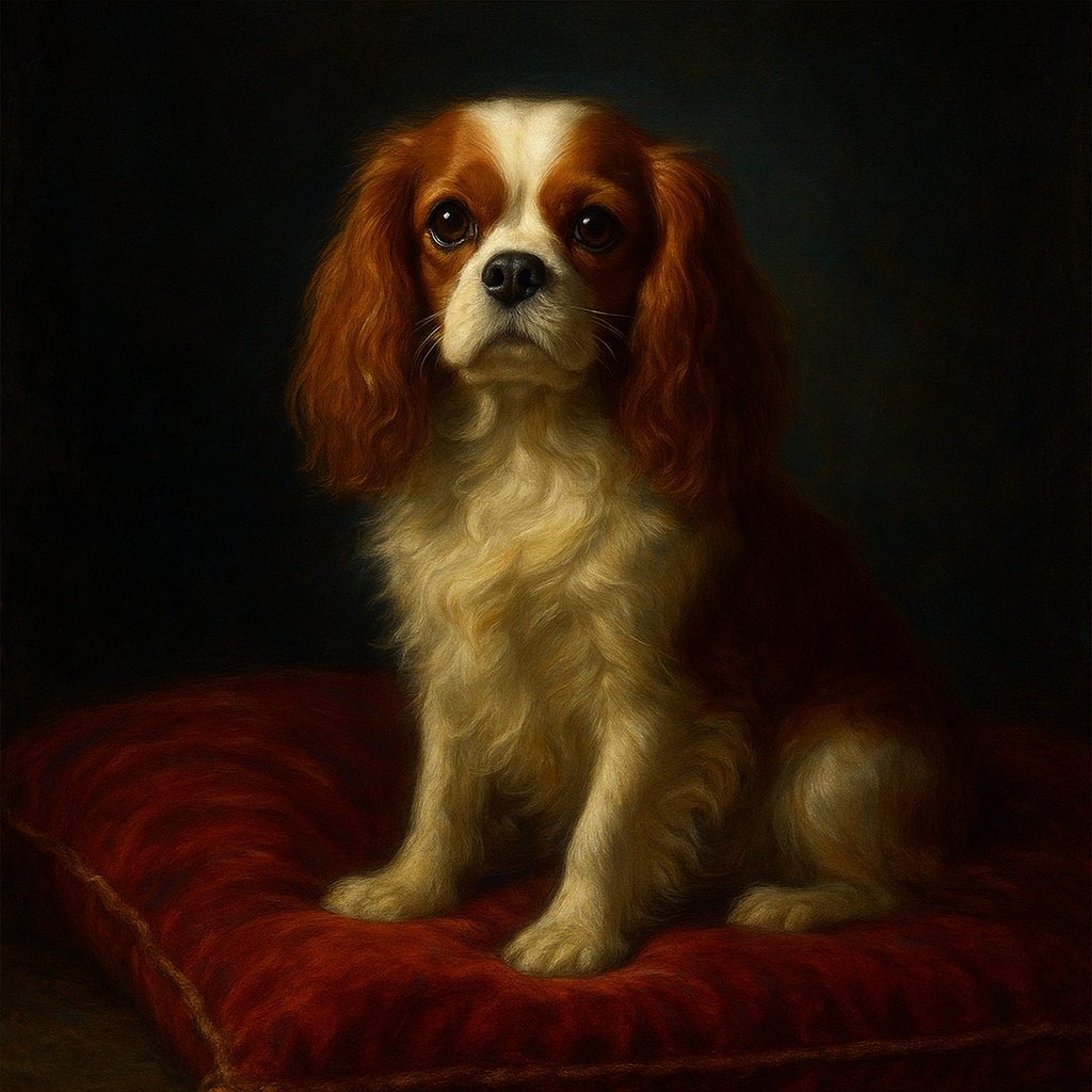Cavalier King Charles Spaniel on Velvet Cushion No. 5 Fine Art Oil Painting - View 1