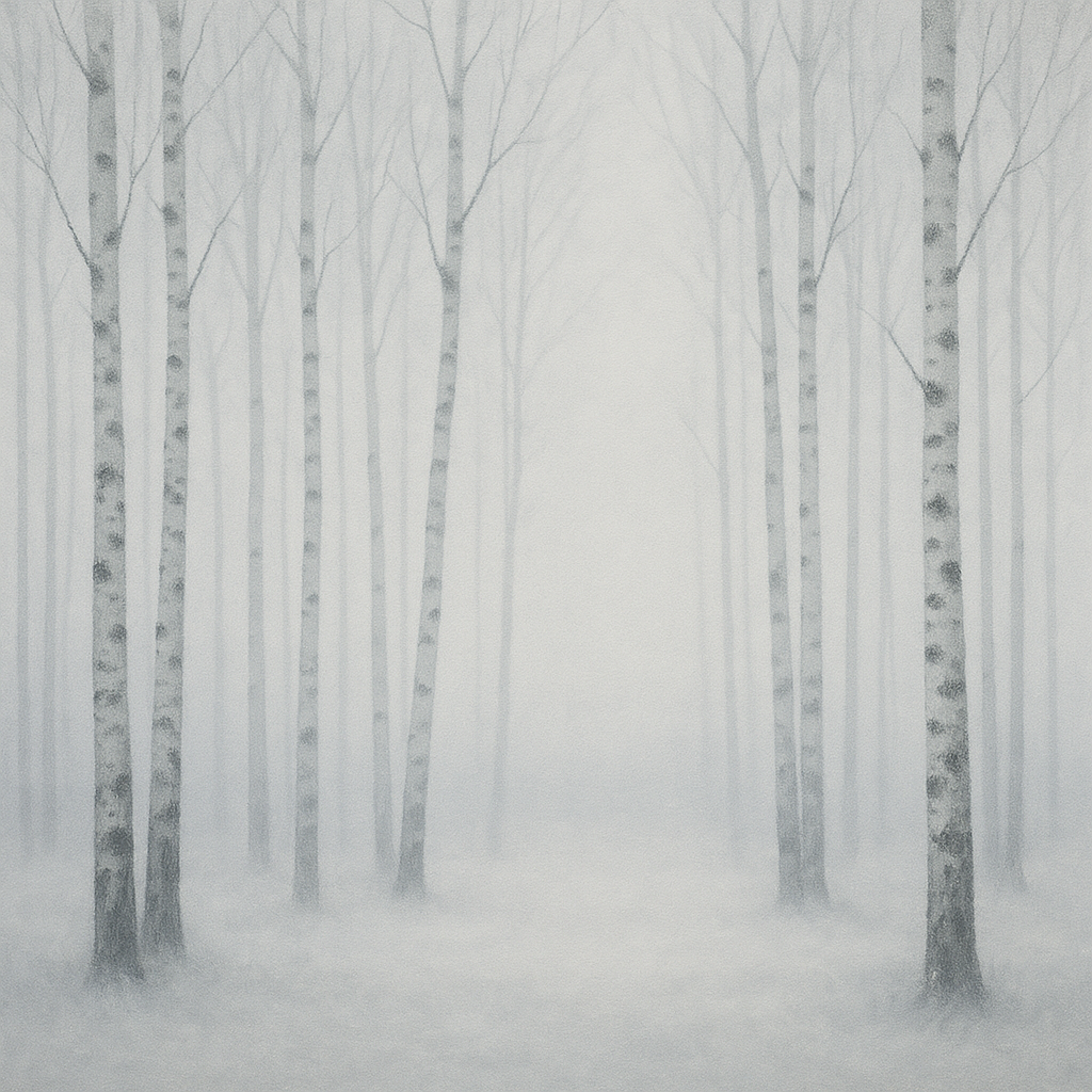 Pale Birch Woodland Silhouette in Whiteout No. 15 Oil Painting - View 1