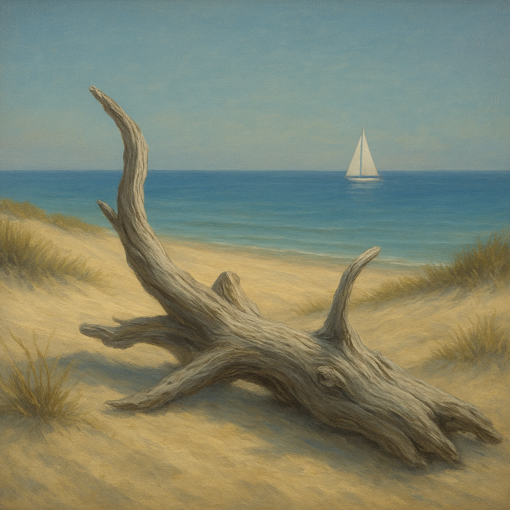 Sun-Bleached Driftwood & Distant Sailboat No. 20 Oil Painting - View 1