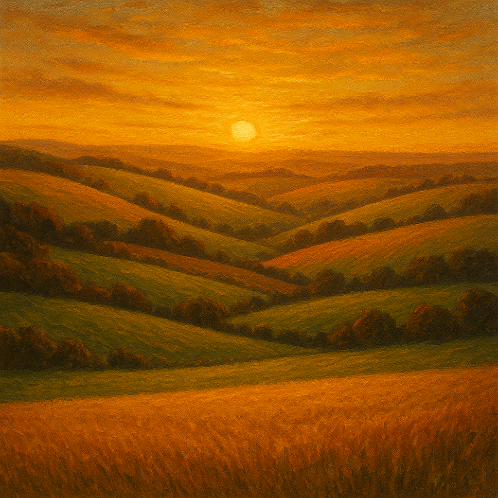 Rolling Pastoral Hills in Warm Golden Sunset No. 10 Fine Art Oil Painting - View 1