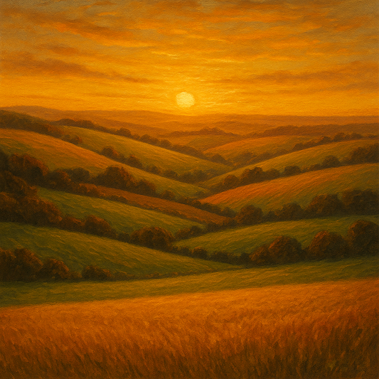 Rolling Pastoral Hills in Warm Golden Sunset No. 10 Fine Art Oil Painting - View 1