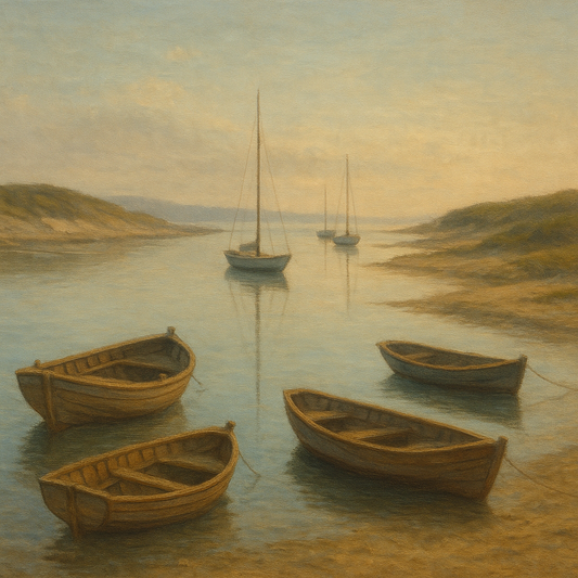 Quiet Fishing Harbor at Morning Low Tide No. 6 Oil Painting 100% Hand Painted Oil on Belgian Linen Canvas, Original Fine Art Wall Decor