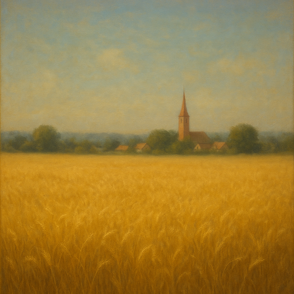 Sun-Drenched Wheatfield & Distant Village No. 4 Oil Painting - View 1