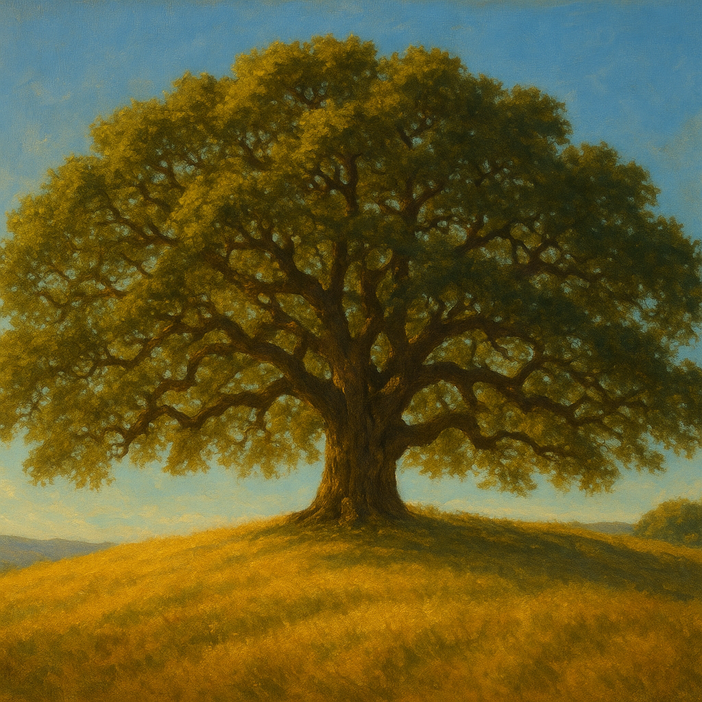 Old Oak Tree on Sunlit Meadow Ridge No. 5 Fine Art Oil Painting - View 1