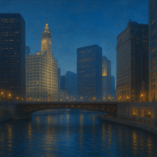 Chicago Riverfront Architecture at Blue Hour No. 29 Oil Painting - View 1