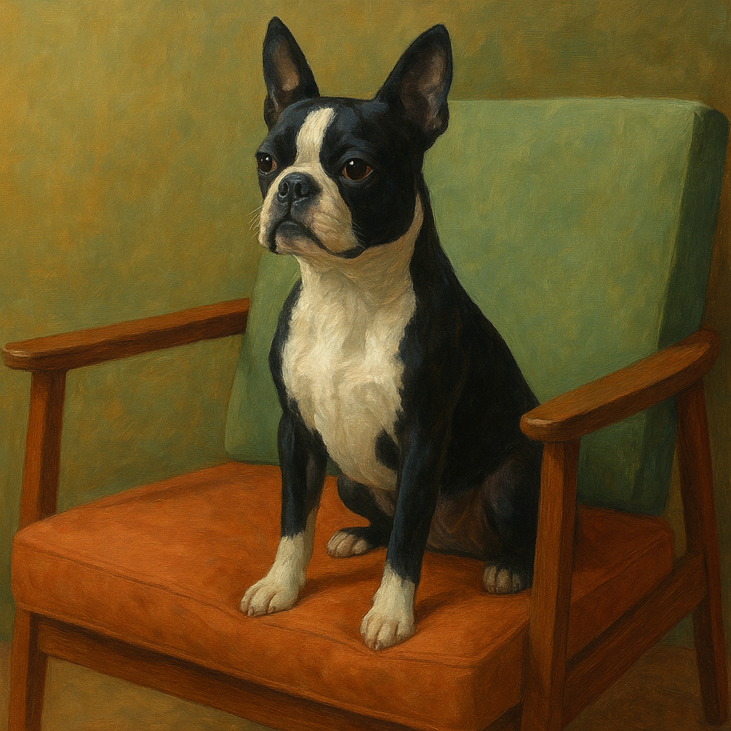 Boston Terrier in Warm Mid-Century Armchair No. 14 Fine Art Oil Painting - View 1