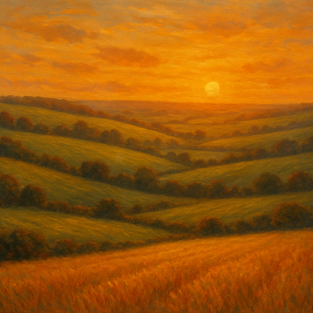 Rolling Pastoral Hills in Warm Golden Sunset No. 9 Fine Art Oil Painting - View 1