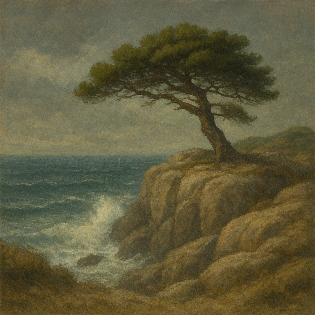 Wild Coastal Pine on Stormy Granite Cliff No. 15 Oil Painting - View 1