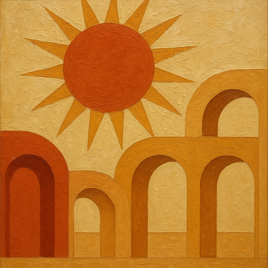 Mid-Century Terracotta Sun & Arches No. 7 Oil Painting - 100% Hand-Painted Master Oil Painting