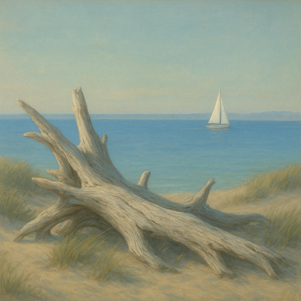 Sun-Bleached Driftwood & Distant Sailboat No. 18 Oil Painting - View 1